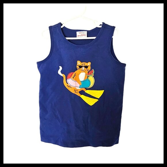 Hanna Anderson Tank Top Blue Applique Cat Watermelon Girls Size 8 Years 130 - Picture 1 of 6